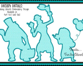 Op de afbeelding: Borduurontwerp met drie liftende geesten uit de Haunted Mansion attractie. De geesten zijn omlijnd in tealblauw en hebben een gestippeld patroon. Het ontwerp is verkrijgbaar in de maten 4x4, 5x7, 6x10 en 8x12 inch.