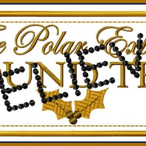 Puede incluir: Un billete dorado y blanco con el texto "The Polar Express Roundtrip" y la palabra "Believe" en cuentas negras. El número del billete es No. 0001225.