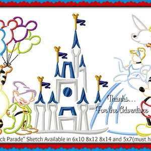 Three O&#39;Clock Parade Magic Kingdom Cinderella Mickey Mouse Dumbo Dopey Tigger Sketch Digital Embroidery Machine Applique Design File