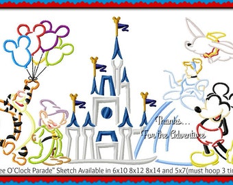 Three O'Clock Parade Magic Kingdom Cinderella Mickey Mouse Dumbo Dopey Tigger Sketch Digital Embroidery Machine Applique Design File