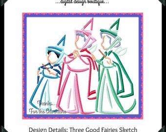 Flora Fauna Merriweather Three Good Fairies from Sleeping Beauty Sketch Digital Embroidery Machine Applique Design File 4x4 5x7 6x10 8x12