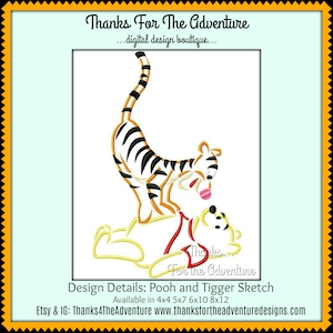 Puede incluir: Diseño bordado con Tigger el tigre de Winnie the Pooh, de pie sobre Winnie the Pooh. El diseño está disponible en varios tamaños, incluyendo 4x4, 5x7, 6x10, 8x12 pulgadas. El texto "Thanks For The Adventure" está incluido en el diseño.
