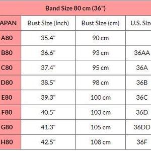 May include: A size chart for bras, with measurements in inches and centimeters. The chart includes band size 80 cm (36"), and bust sizes ranging from 35.4" to 42.5". U.S. sizes are also listed, from 36AA to 36F.