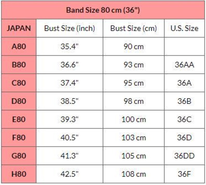 May include: A size chart for bras, with measurements in inches and centimeters. The chart includes band size 80 cm (36"), and bust sizes ranging from 35.4" to 42.5". U.S. sizes are also listed, from 36AA to 36F.