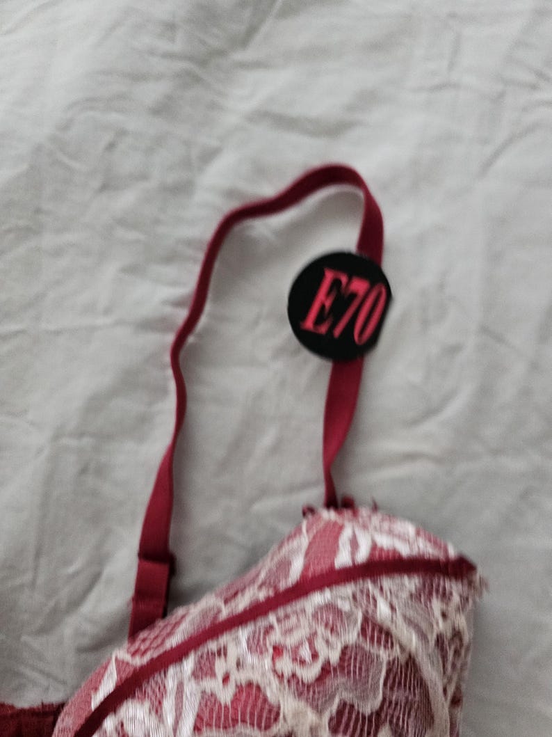 May include: A red and white lace bra with a tag that reads "E70". The bra features a delicate lace pattern and adjustable straps. The straps and trim are a deep red color.