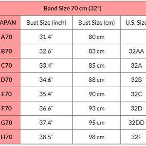 May include: A size chart for bras, with measurements in inches and centimeters. The chart includes band size 70 cm (32") and lists bust sizes for Japan and U.S. sizes, such as A70, B70, C70, D70, E70, F70, G70, and H70.