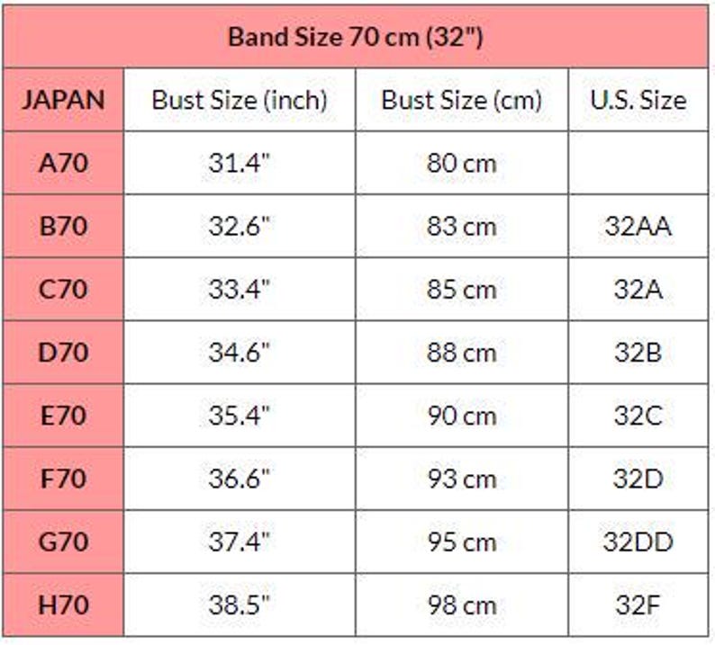 May include: A size chart for bras, with measurements in inches and centimeters. The chart includes band size 70 cm (32") and lists bust sizes for Japan and U.S. sizes, such as A70, B70, C70, D70, E70, F70, G70, and H70.