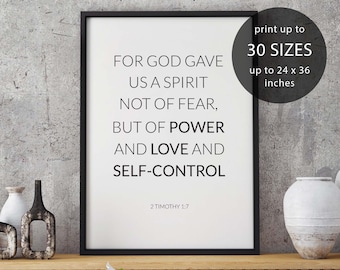 2 Timothy 1:7, Power, Love, bible print, bible verse print, scripture print, scripture art, bible art, bible verse art, instant download