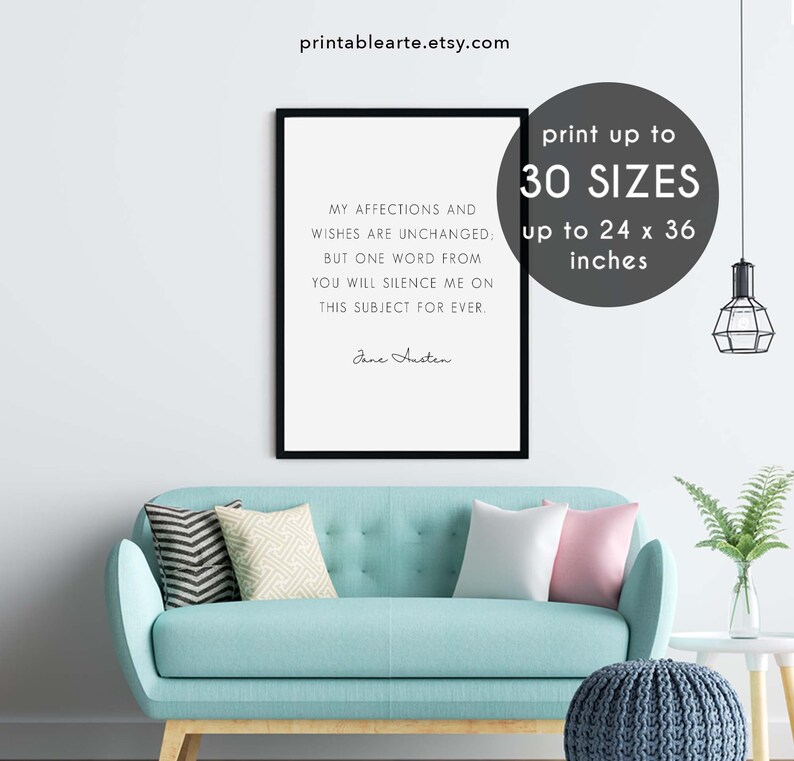 Wall Art Print Literature Digital Printable Instant Download 8x10 11x14 My affection and wishes Jane Austen Unchanged, Typography