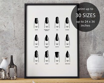 Nails, Nail Chart, beauty, minimalist, makeup, inspirational print, bedroom wall art, makeup artist, glamour decor, makeup art, makeup print