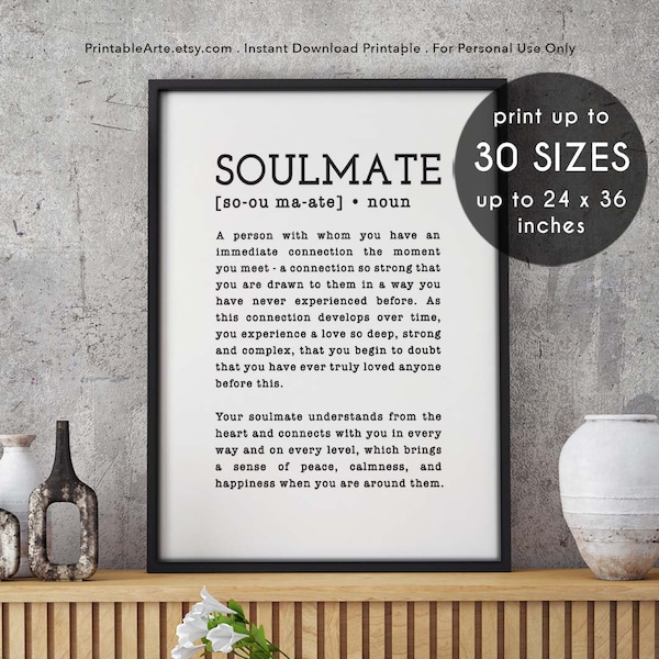 Soulmate Definition Print, Soulmate Print, Wife Gift, Husband Gift, Boyfriend Gift, Anniversary Print, Mr and Mrs Print Wall Art Prints Home