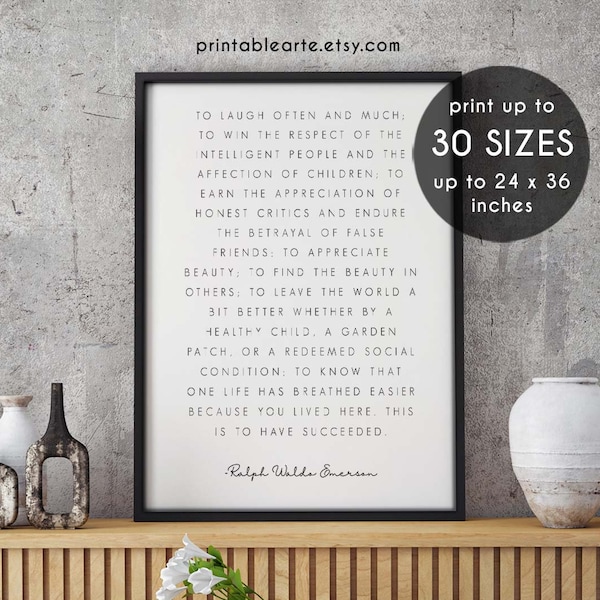 Ralph Waldo Emerson Quote, To Laugh Often and Much Printable Wall Art, Inspirational Quote Print, Success Wall Art, Literary Poster, Book