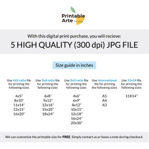 May include: A printable art size guide with five different size options for printing digital art. The guide includes sizes in inches for 4x5, 3x4, 2x3 ratios, international sizes, and 11x14. The text states that the printable size can be customized for free.