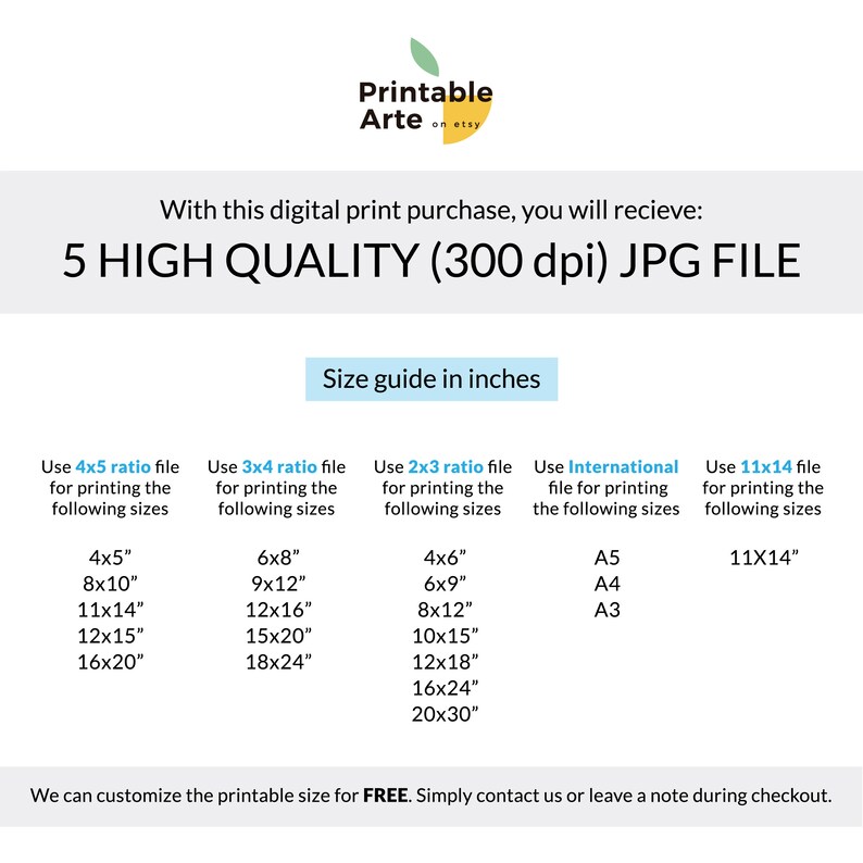 May include: A printable art size guide with five different size options for printing digital art. The guide includes sizes in inches for 4x5, 3x4, 2x3 ratios, international sizes, and 11x14. The text states that the printable size can be customized for free.