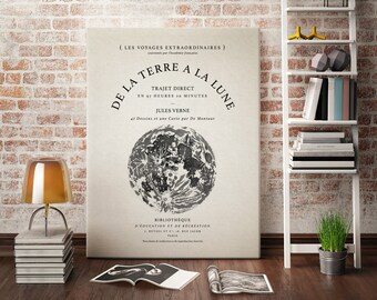 Canvas Wall Art - Vintage Book Cover - De La Terre A La Lune | "Of The Earth And Moon"  Vintage French Decor, Vintage Typography Canvas Art