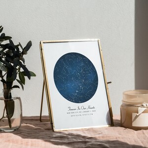 May include: A framed print with a gold-colored metal frame displays a dark blue celestial map with white stars. The text "Forever In Our Hearts" is below the map. A small glass vase with green leaves and a candle in a jar are also visible.