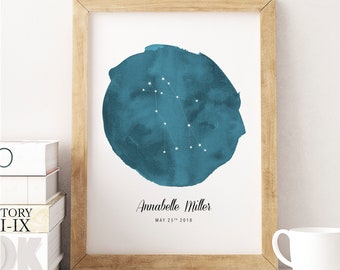 Zodiac Sign Print, Personalized Birthday Gift, Constellation Art Print, Custom Star Map, Watercolor Art Print, Astrological Signs,