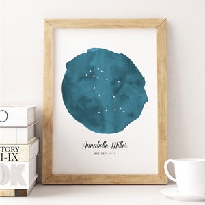 Impression signe du zodiaque, cadeau d'anniversaire personnalisé, impression d'art constellation, carte du ciel personnalisée, impression d'art aquarelle, signes astrologiques,
