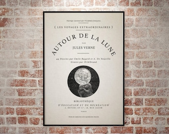 Vintage Typography Poster - "Autour De La Lune/Around The Moon" - Vintage Moon Decor, Typography Decor, Vintage French Art