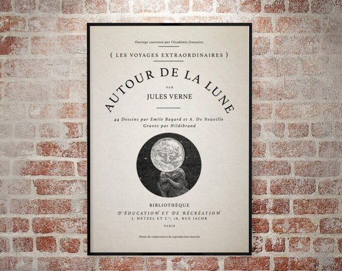 Vintage Typography Poster - "Autour De La Lune/Around The Moon" - Vintage Moon Decor, Typography Decor, Vintage French Art