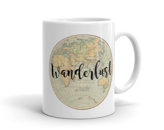 White Ceramic Mug  — Vintage World Map — "Wanderlust" — Adventure, Exploration, Wanderlust  — Gift Ideas — Coffee & Tea