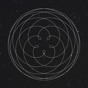 May include: A white, geometric design of interconnected curved lines, resembling a flower or a complex pattern, set against a dark background filled with tiny, twinkling stars. The artwork evokes a sense of cosmic beauty and intricate design.