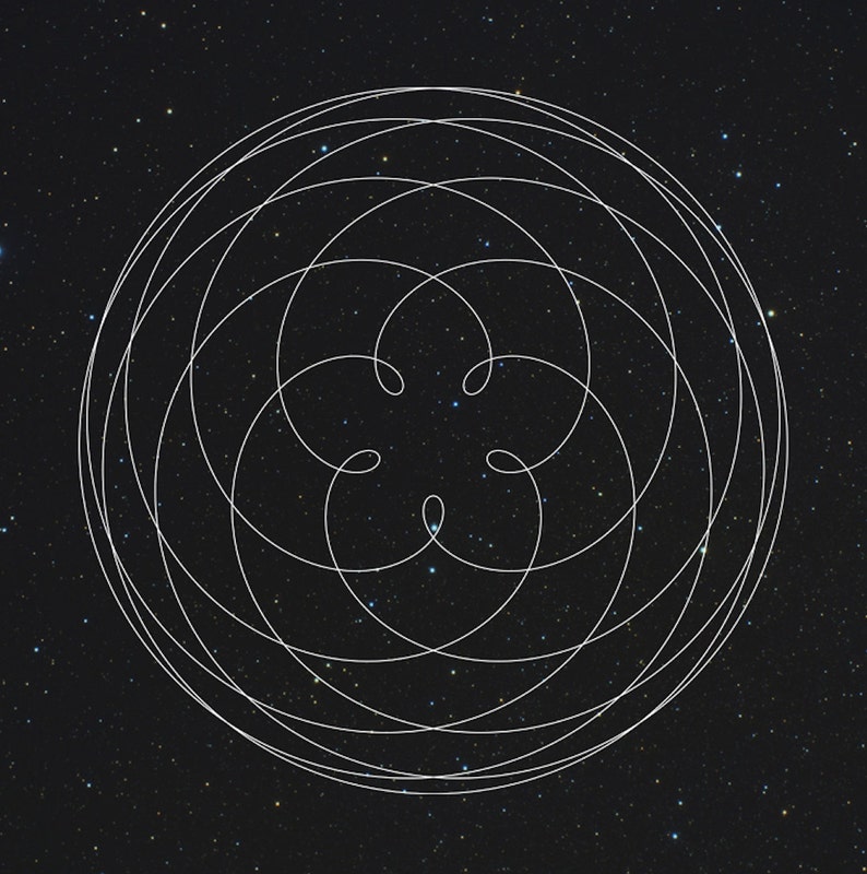 May include: A white, geometric design of interconnected curved lines, resembling a flower or a complex pattern, set against a dark background filled with tiny, twinkling stars. The artwork evokes a sense of cosmic beauty and intricate design.