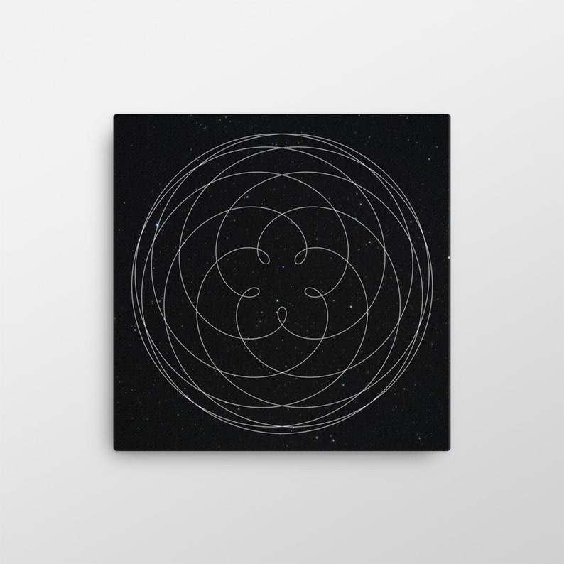 May include: Square canvas art featuring a white, intricate, swirling line design against a black background speckled with tiny white dots. The design is a series of interconnected circles and a central floral-like shape.