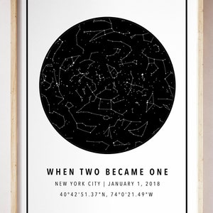May include: A framed print featuring a black and white star map within a circular design. The text "WHEN TWO BECAME ONE" is displayed below the star map, along with the location and date: New York City, January 1, 2018, and the coordinates.