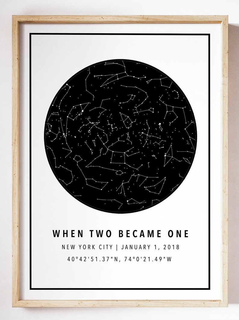 May include: A framed print featuring a black and white star map within a circular design. The text "WHEN TWO BECAME ONE" is displayed below the star map, along with the location and date: New York City, January 1, 2018, and the coordinates.