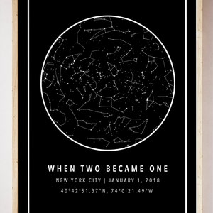 May include: A framed black and white print featuring a star map within a white circle. The text "WHEN TWO BECAME ONE" is below the circle, along with the location and date: New York City, January 1, 2018, and coordinates.