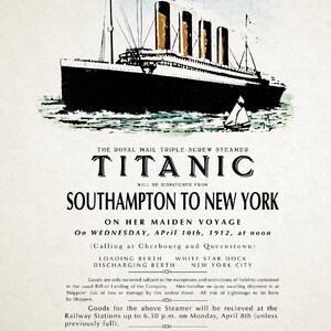 Może przedstawiać: Winietkowy plakat reklamujący dziewiczy rejs RMS Titanica z Southampton do Nowego Jorku 10 kwietnia 1912 roku. Plakat przedstawia czarno-białą ilustrację statku z tekstem "The Royal Mail Triple-Screw Steamer Titanic" i "Southampton to New York" w pogrubionym, czarnym druku.