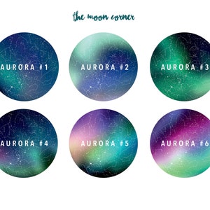 May include: Six round images of the aurora borealis with constellations in the background. Each image is labeled with "Aurora #" and a number from 1 to 6.