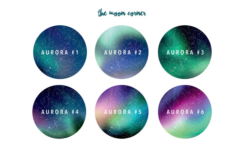 May include: Six round images of the aurora borealis with constellations in the background. Each image is labeled with "Aurora #" and a number from 1 to 6.