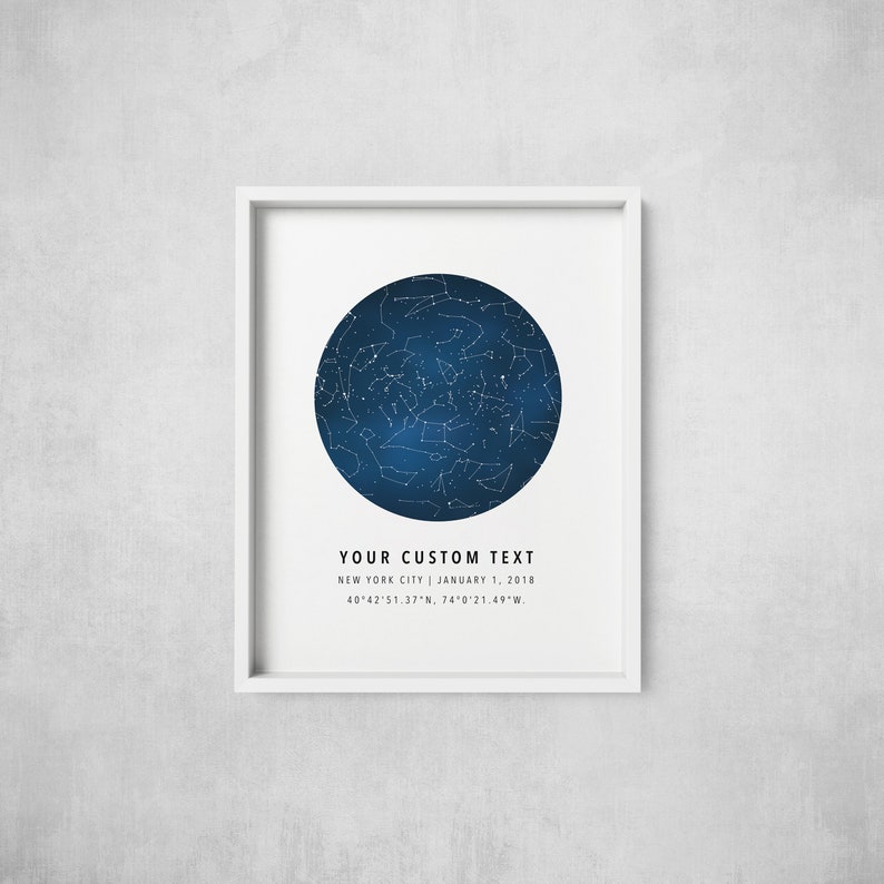 May include: A white framed print with a blue circle depicting the night sky with stars and constellations. The text below the circle reads "YOUR CUSTOM TEXT", "NEW YORK CITY | JANUARY 1, 2018", and "40&deg;42'51.37"N 74&deg;0'21.49"W."