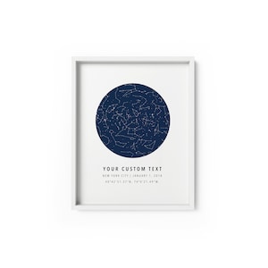 May include: A navy blue star map print with white stars and constellations. The print includes the text "YOUR CUSTOM TEXT", "NEW YORK CITY | JANUARY 1, 2018", and "40&deg;42' 51.37"N, 74&deg;0' 21.49"W."