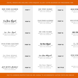 May include: A white background displays text samples in various fonts. Each sample includes the phrase "OUR STARS ALIGNED" with a date and location. The image is a font selection guide, showcasing different styles for potential use.