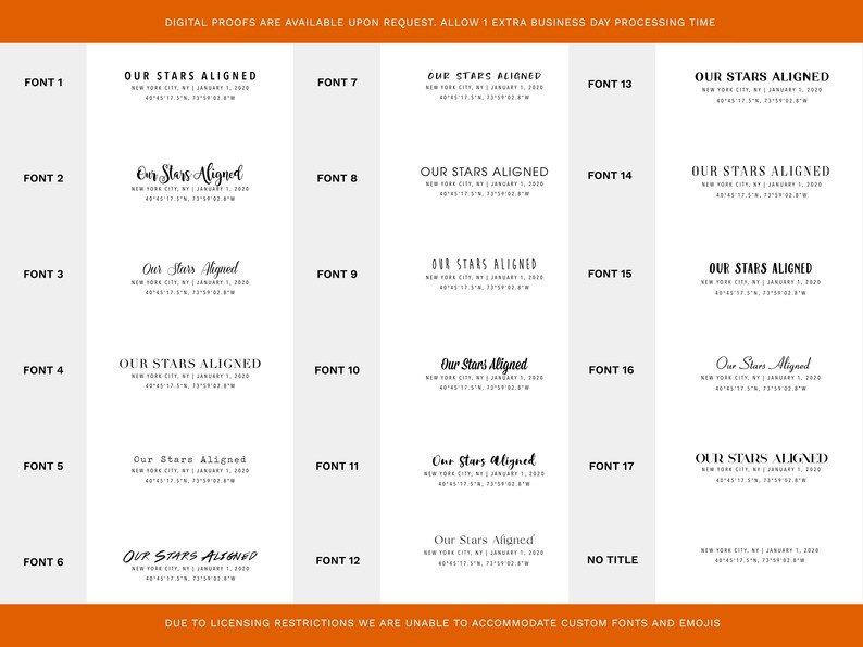 May include: A white background displays text samples in various fonts. Each sample includes the phrase "OUR STARS ALIGNED" with a date and location. The image is a font selection guide, showcasing different styles for potential use.