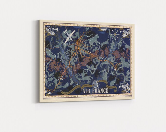 Canvas Art Print - Vintage 1939 Air France Constellation Map, Vintage Star Map, Constellation Wall Art, Celestial Decor