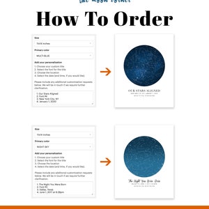 May include: How to order a custom star map print. Choose a size, color, title, font, location, and date. Two examples are shown: "Our Stars Aligned" in blue and "The Night You Were Born" in blue with a gradient.