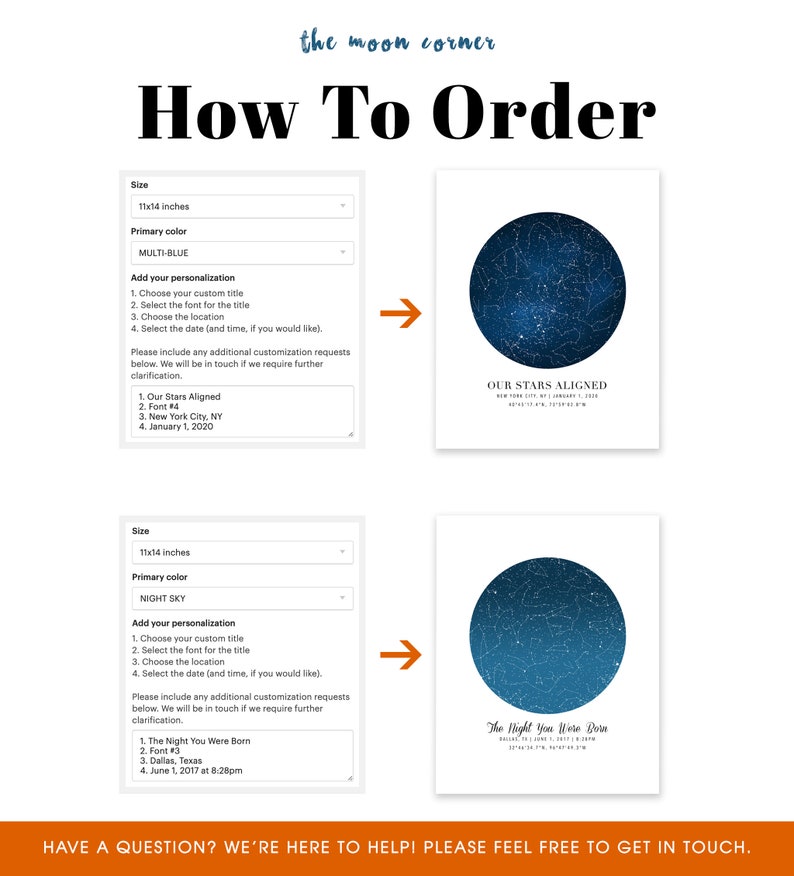 May include: How to order a custom star map print. Choose a size, color, title, font, location, and date. Two examples are shown: "Our Stars Aligned" in blue and "The Night You Were Born" in blue with a gradient.