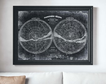 Vintage Constellation Chart, Constellation Map, Star Map, Southern and Northern Hemispheres - Distressed Style Grunge Decor