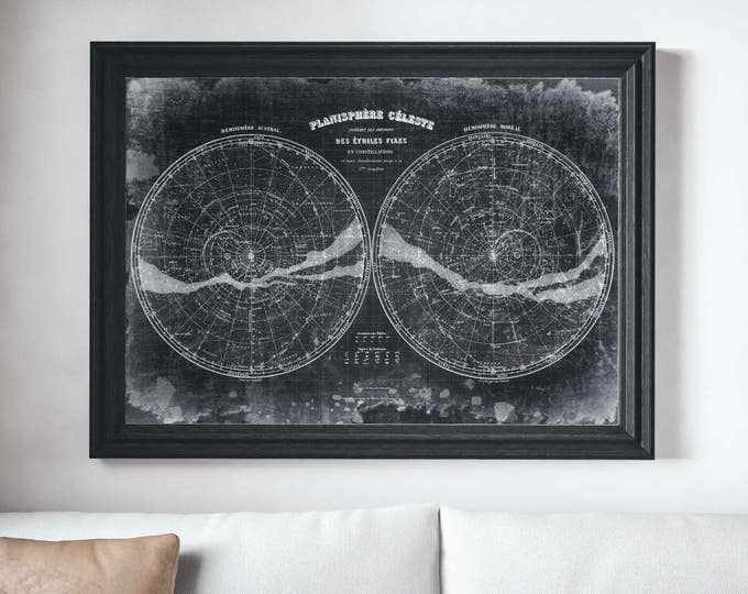 Vintage Constellation Chart, Constellation Map, Star Map, Southern and Northern Hemispheres - Distressed Style Grunge Decor