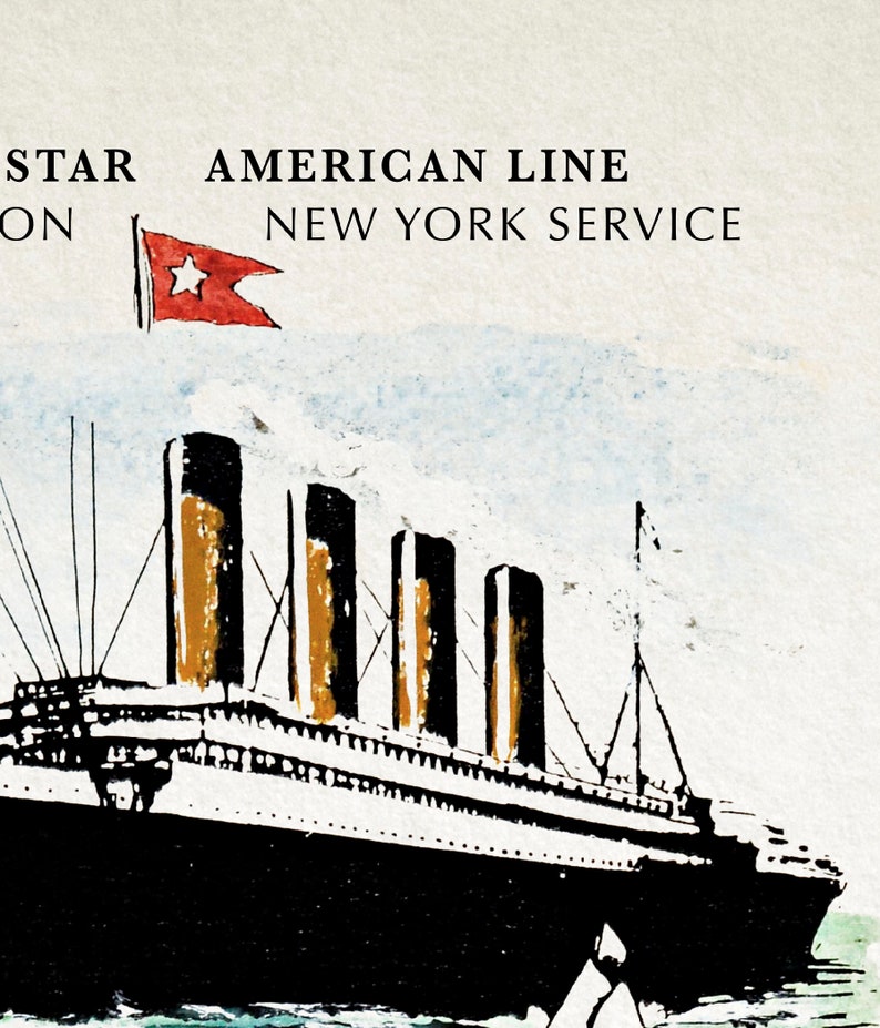 Może przedstawiać: Czarno-biała ilustracja dużego statku z czterema kominami. Statek płynie po niebieskim i białym morzu. Tekst "AMERICAN LINE NEW YORK SERVICE" jest wydrukowany nad statkiem. Czerwona flaga z białą gwiazdą znajduje się w lewym g&oacute;rnym rogu.