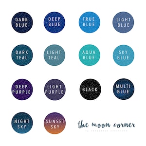 May include: A color palette chart with 14 different shades of blue, teal, purple, and black. Each color is represented by a circle with a constellation pattern and the color name written in white text. The chart is titled "the moon corner by chellekie creations".