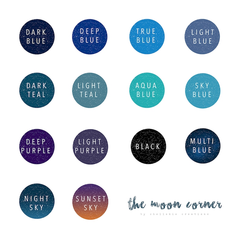May include: A color palette chart with 14 different shades of blue, teal, purple, and black. Each color is represented by a circle with a constellation pattern and the color name written in white text. The chart is titled "the moon corner by chellekie creations".