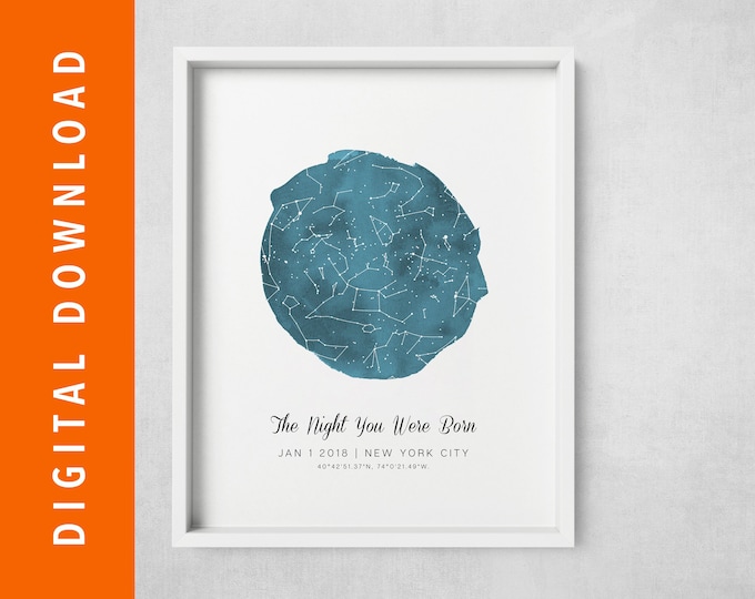 DIGITAL DOWNLOAD - Custom Star Map, Constellation Chart, Map of the Night Sky, Custom Star Chart, Personalized Star Map, Constellation Map