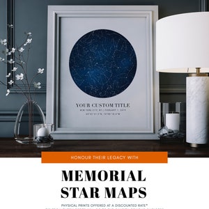 May include: Framed star map print with a dark blue celestial design. The print includes a custom title, date, and coordinates. The text at the bottom reads "Memorial Star Maps". The image is part of a home decor collection.