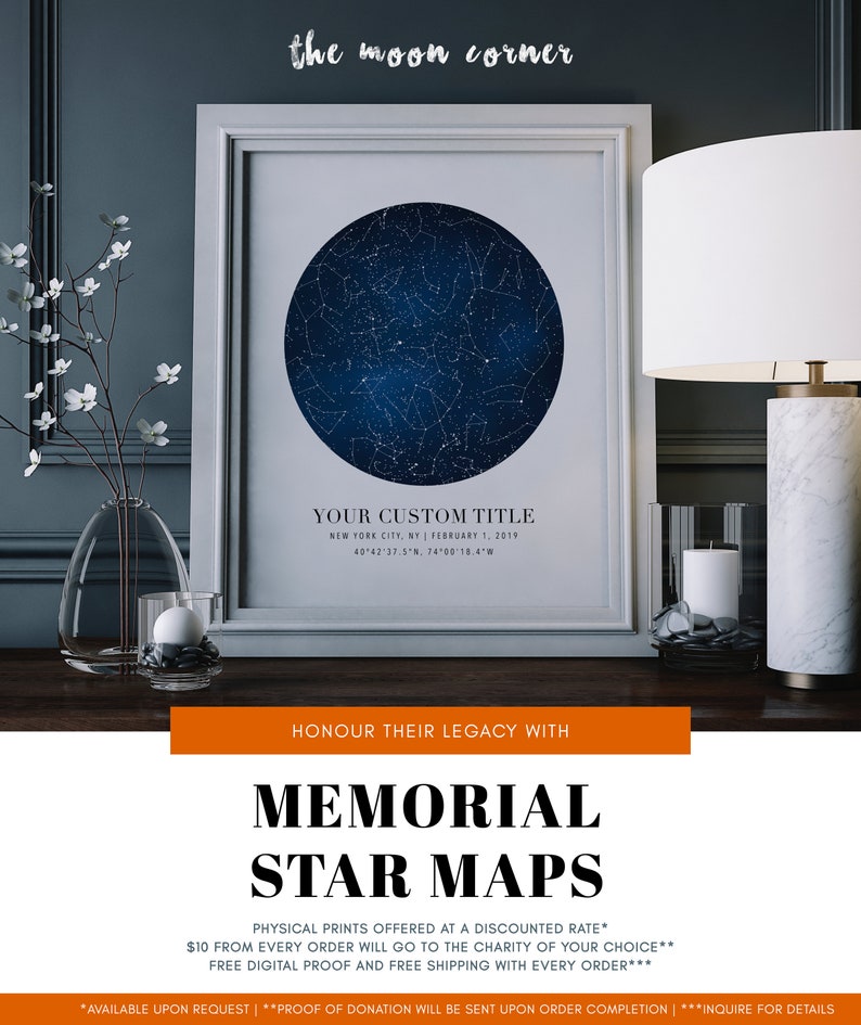 May include: Framed star map print with a dark blue celestial design. The print includes a custom title, date, and coordinates. The text at the bottom reads "Memorial Star Maps". The image is part of a home decor collection.