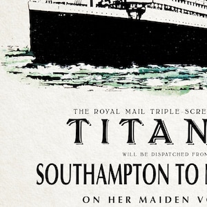 Może przedstawiać: Winietkowy plakat podr&oacute;żny reklamujący dziewiczy rejs RMS Titanica, tr&oacute;jśrubowego liniowca oceanicznego, z Southampton do Nowego Jorku 10 kwietnia 1912 roku.